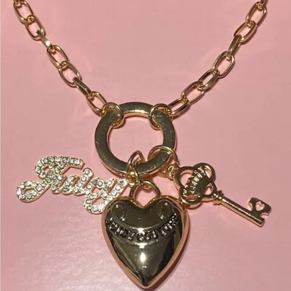 Juicy Couture goldtone puff heart key juicy crystal charm toggle necklaceNIB NWT - Picture 3 of 8